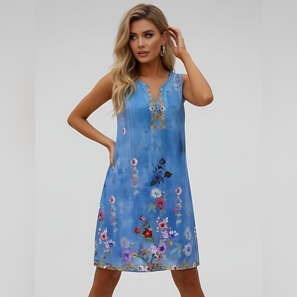 Blue Boho Floral Print Mini Dress - Picture 2 of 6
